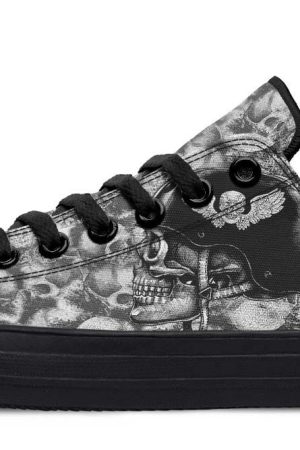 Skull Rider Black Lowtop Sneakers - Edgy Graphic Streetwear Shoes