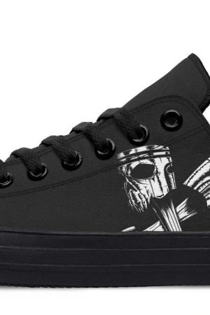 Skull Engine Motor Black Low-Top Sneakers - Edgy Biker Style