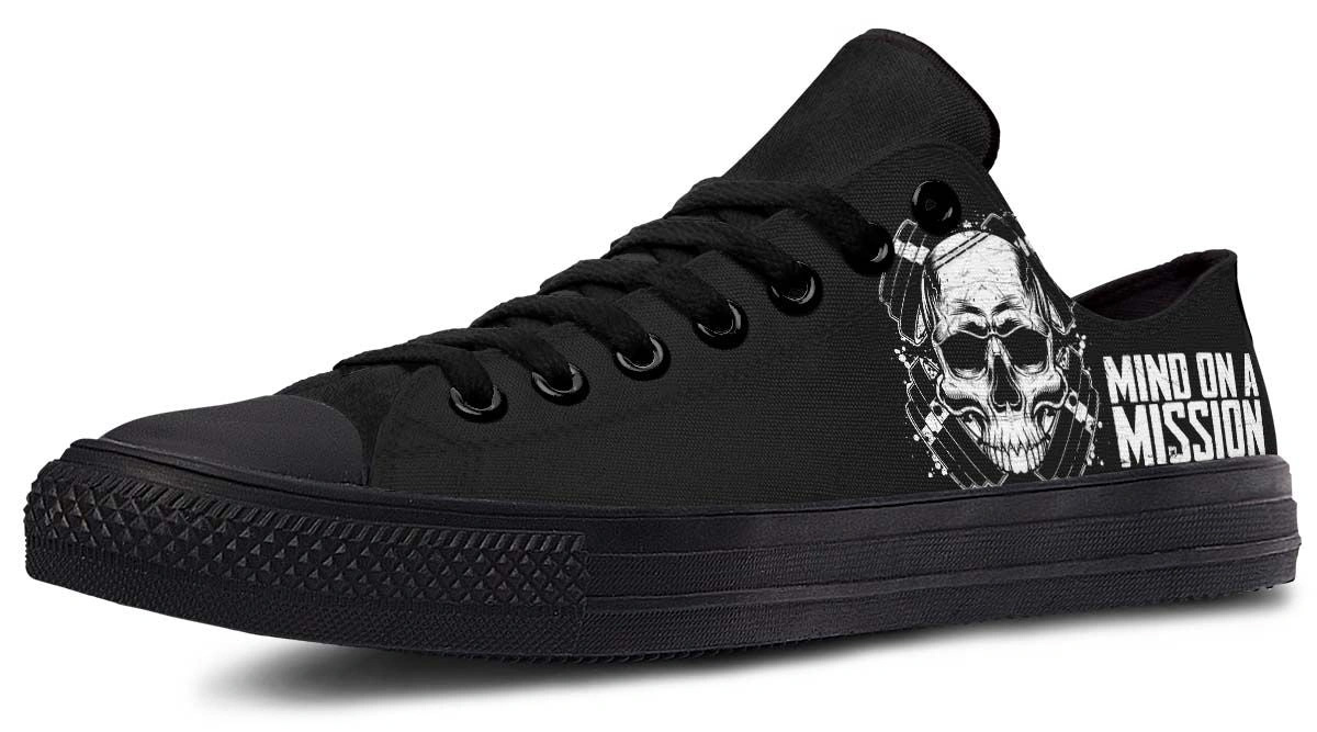 Mind On The Mission Skull Black Low-Top Sneakers - Tactical Edgy Style - Image 2