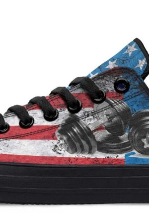 Patriotic Dumbbell & American Flag Black Lowtop Sneakers