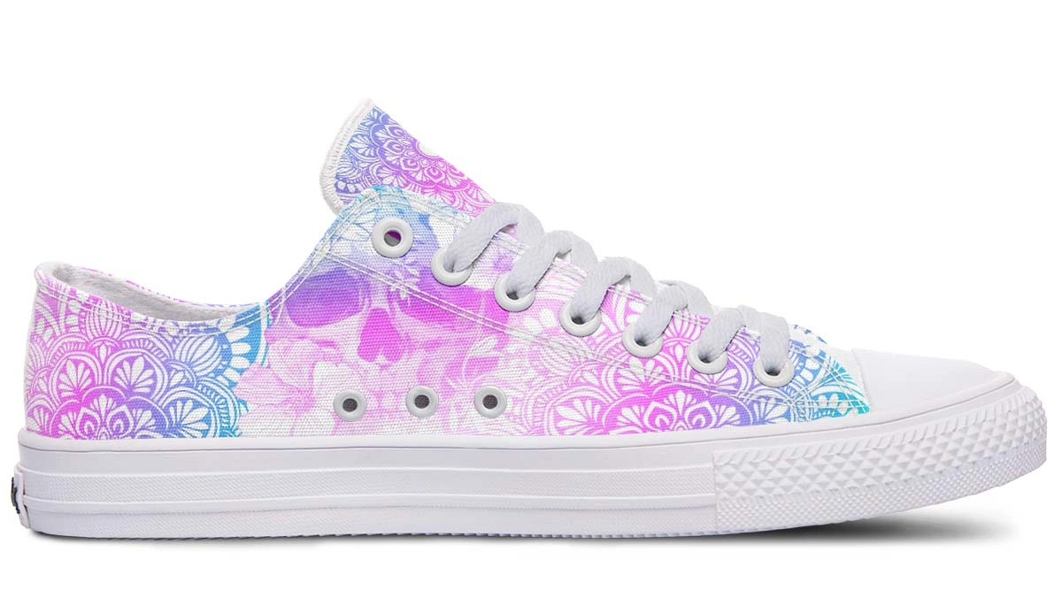 Mandala Skull Print White Low-Top Fashion Sneakers - Image 2