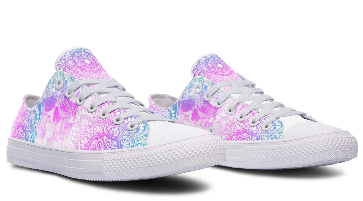 Mandala Skull Print White Low-Top Fashion Sneakers - Image 3
